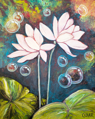 Lotus Bubbles. 30" x 24", Oil on Wood, © 2024 Cedar Lee