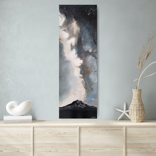 Milky Way Over Mt. Rainier. 36" x 12", Acrylic on Wood, $900