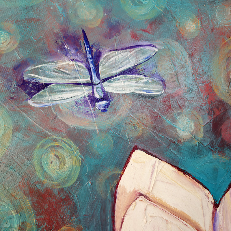 Closeup of dragonly in Cedar Lee lotus painting