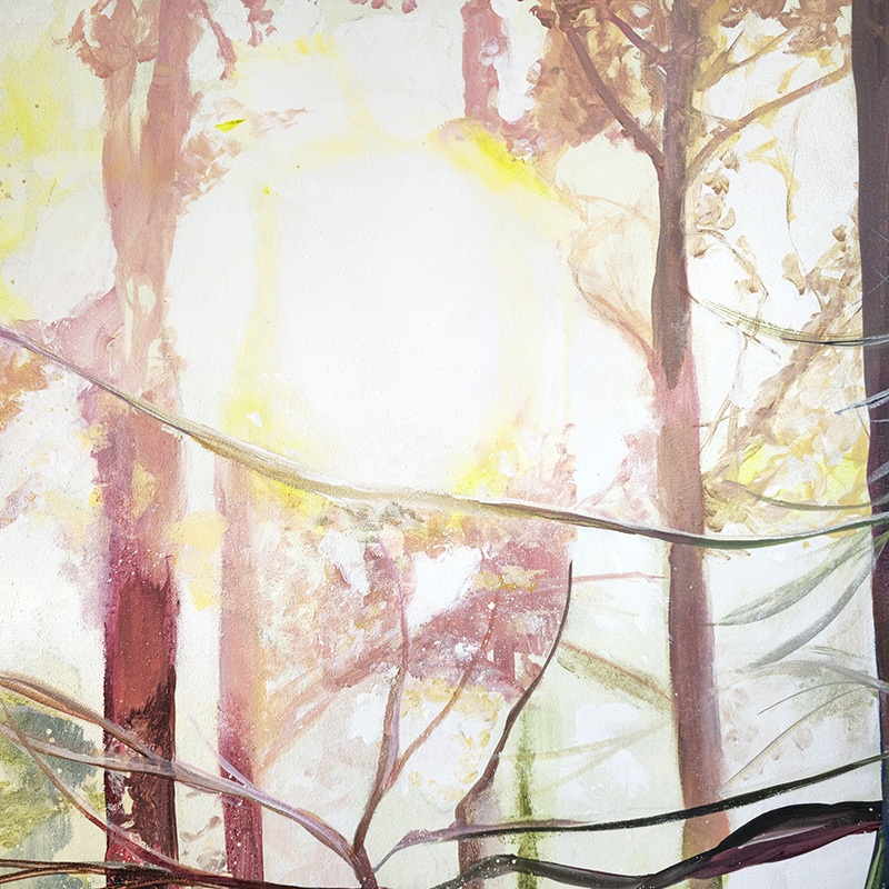 Closeup detail of bright sun in forest painting