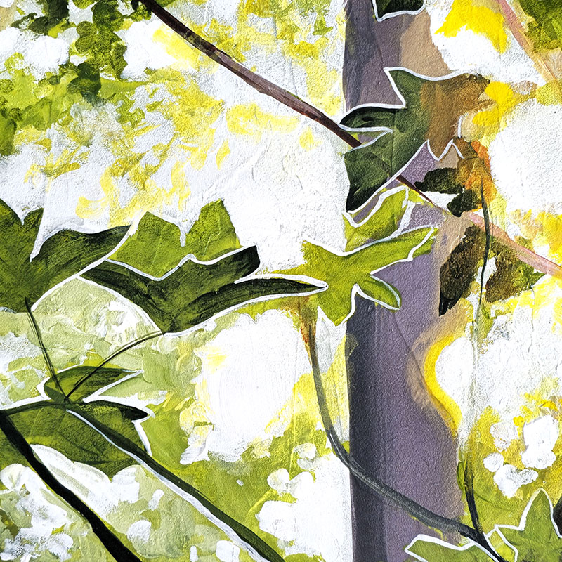 Closeup details of sunny forest painting