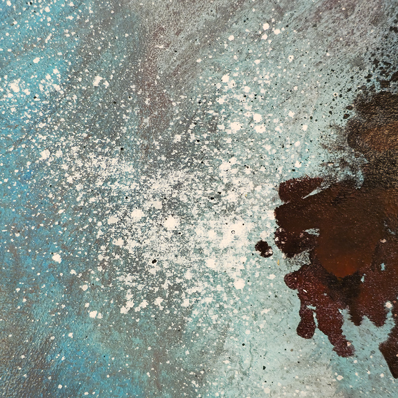 Closeup detail showing drips and spatters of paint in a starry sky painting